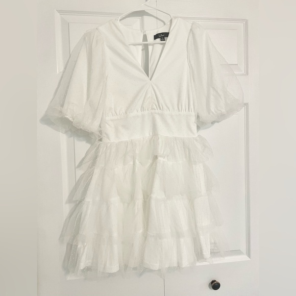 Lulu’s Dramatic Poise White Dot Tulle Puff Sleeve Tiered Mini Dress - Picture 5 of 12